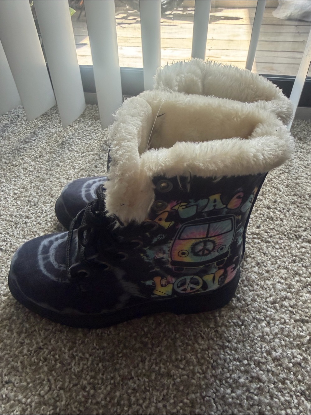 Black Faux-Fur Lined Women's Combat Boots with Peace Van Graphic
